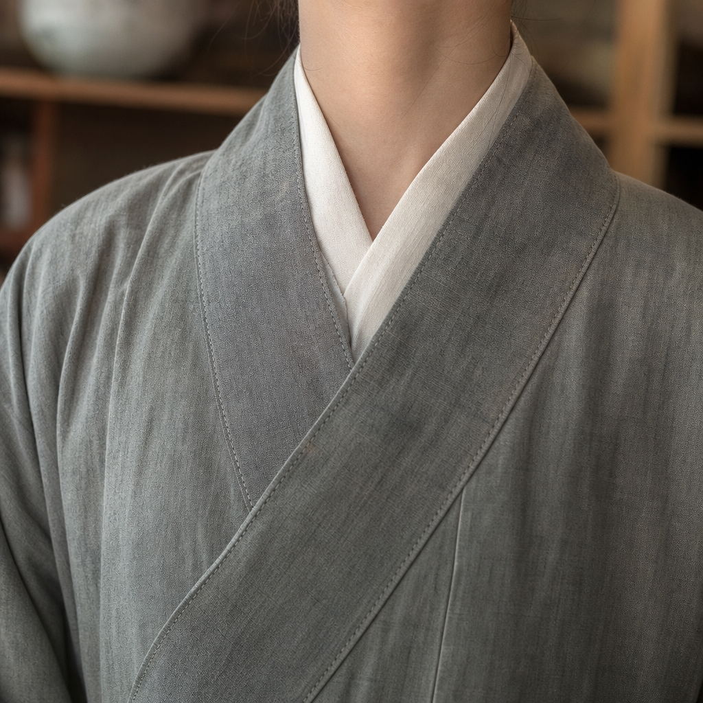 Close view of Ming dynasty collar lapel and front line tailoring details