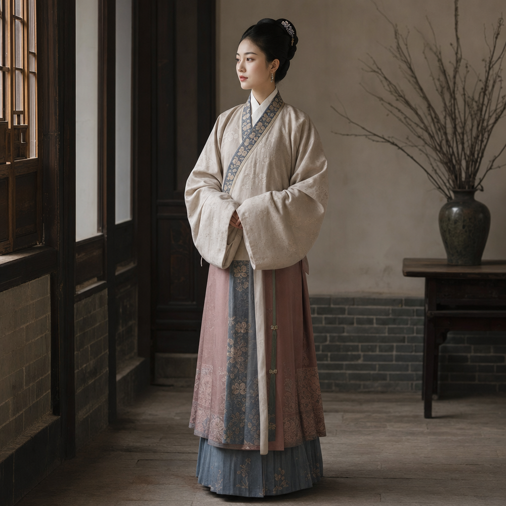 Ming dynasty woman standing indoors with composed posture and layered garment lines