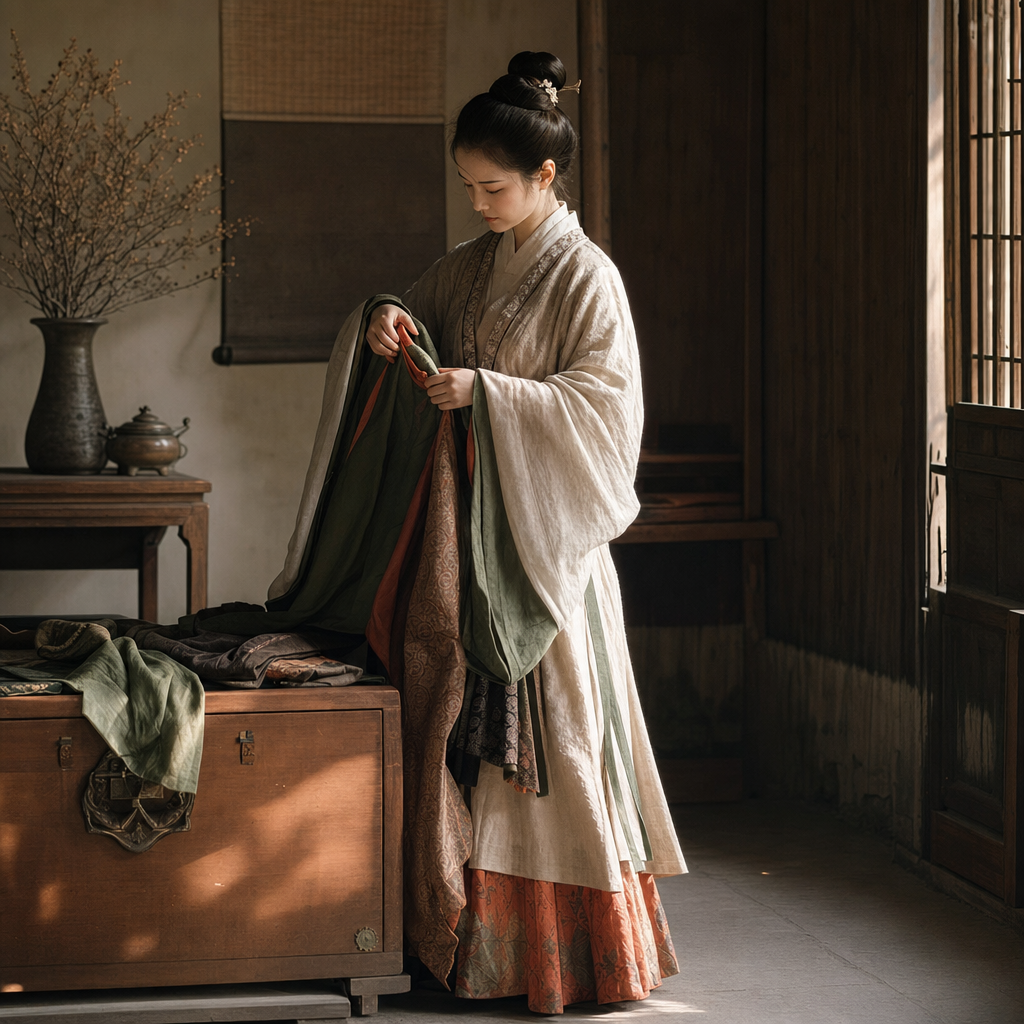 Ming dynasty dressing scene indoors with layered robes fabric and quiet light