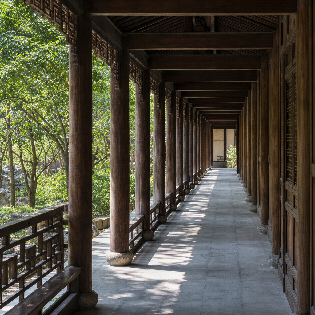 traditional Chinese corridor with timber columns and deep perspective