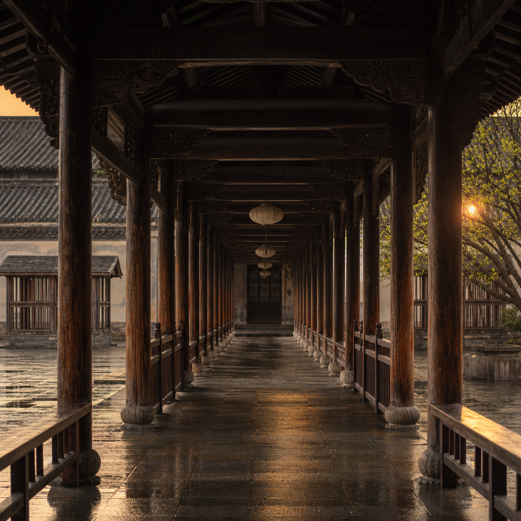 dusk front view of traditional Chinese timber corridor with rain reflection