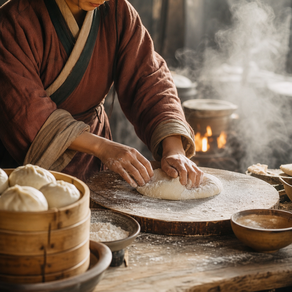 Han dynasty festival food preparation with bamboo steamers dough and warm kitchen light
