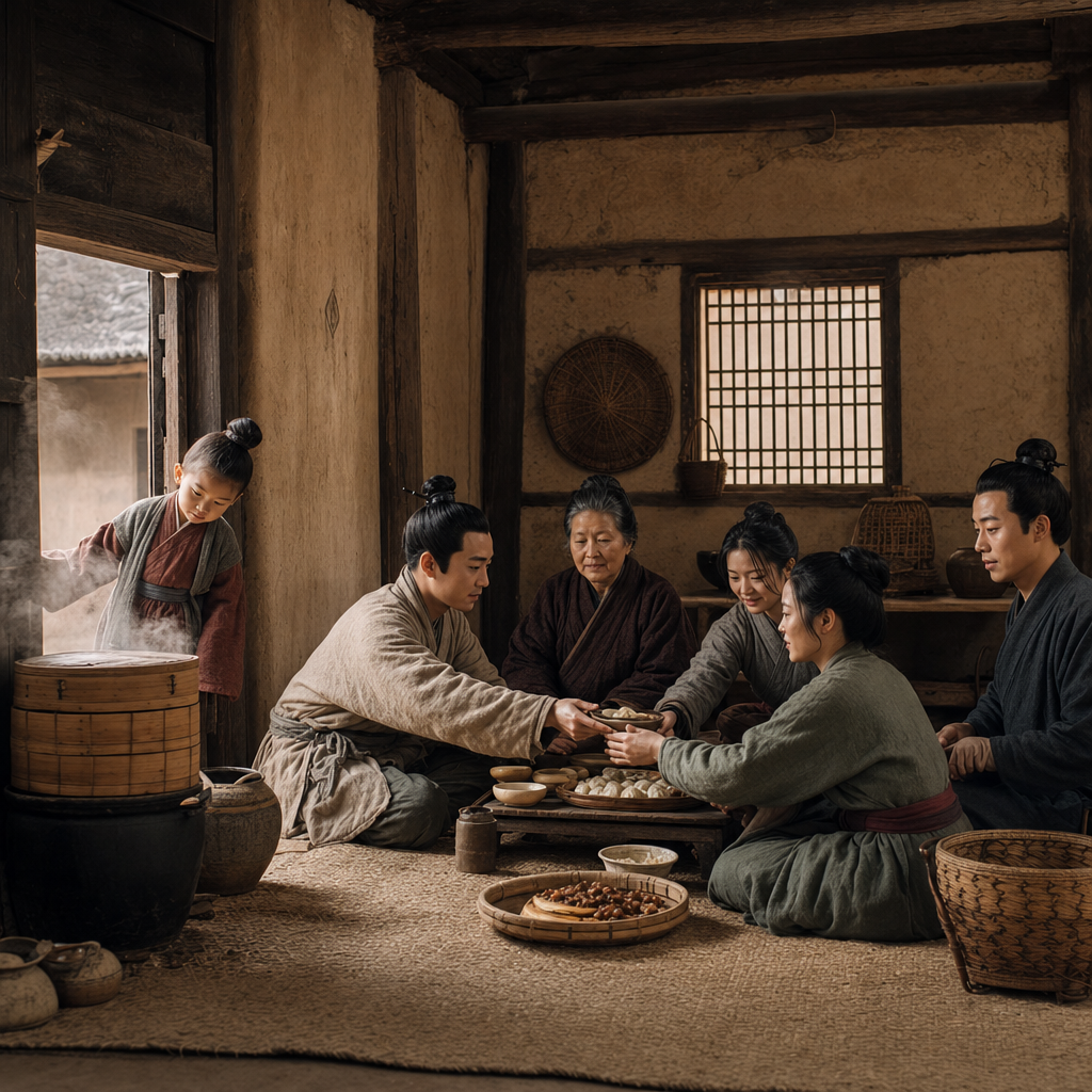 Han dynasty family festival interior with grandmother child and orderly food movement
