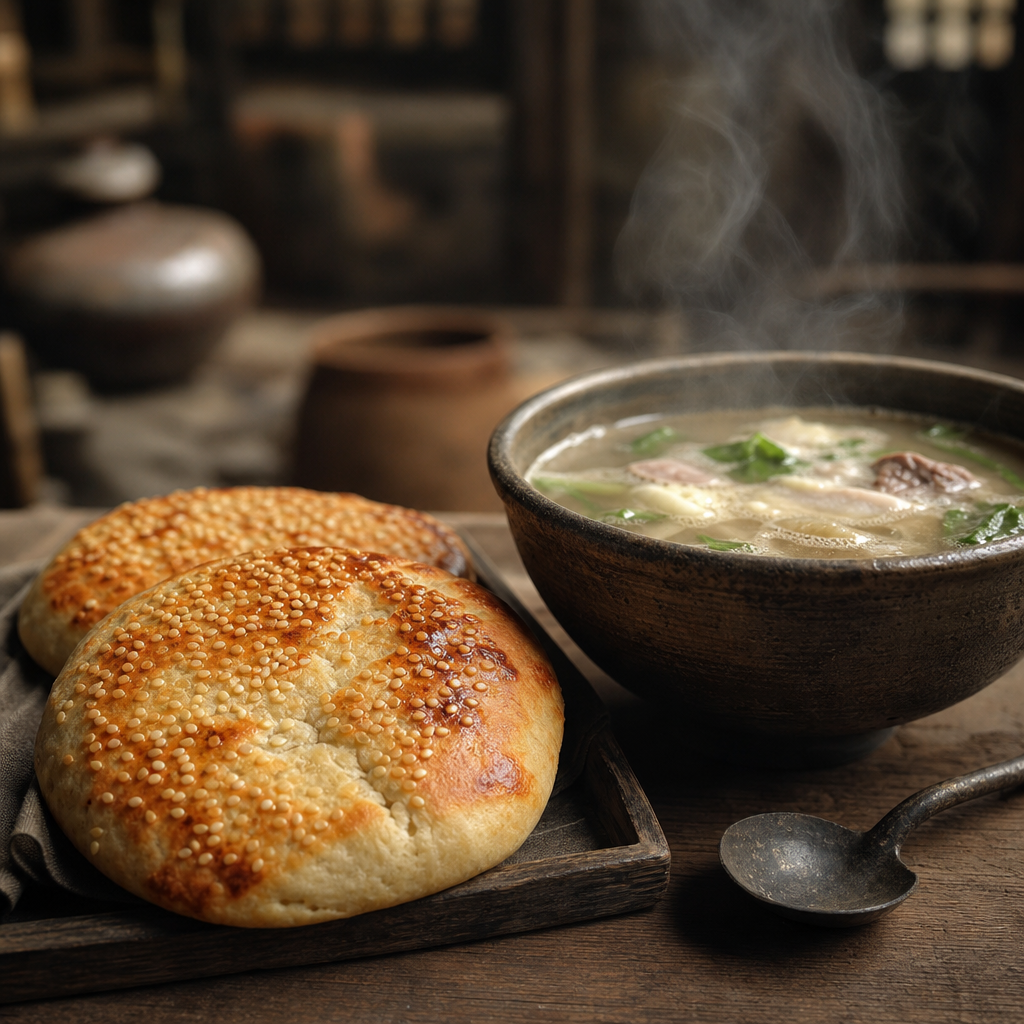 Tang dynasty breakfast close view with sesame flatbread and steaming soup
