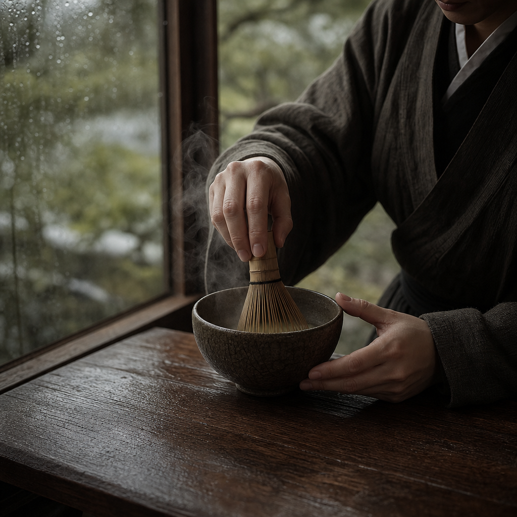 Song dynasty tea table close view with whisk bowl hand movement and steam