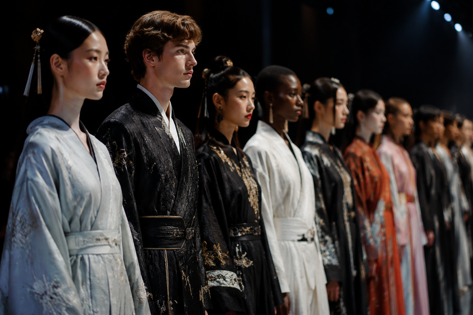 diverse runway models wearing ancient Chinese fashion with modern beauty styling