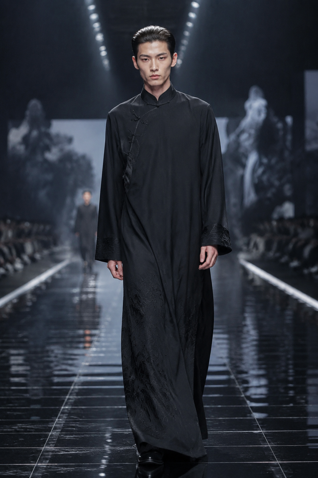 male runway model in modern ancient Chinese robe with sharp styling and strong silhouette