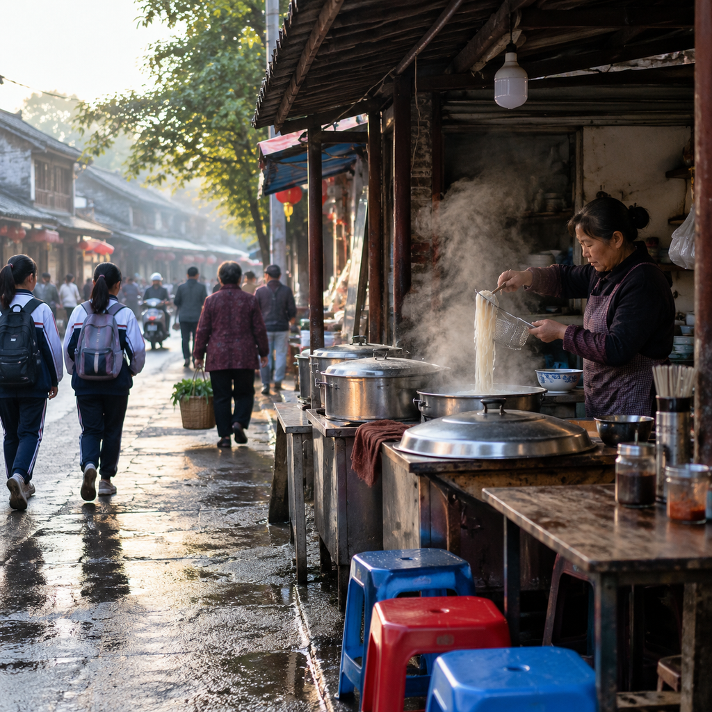 清晨老城街边早餐铺的蒸汽