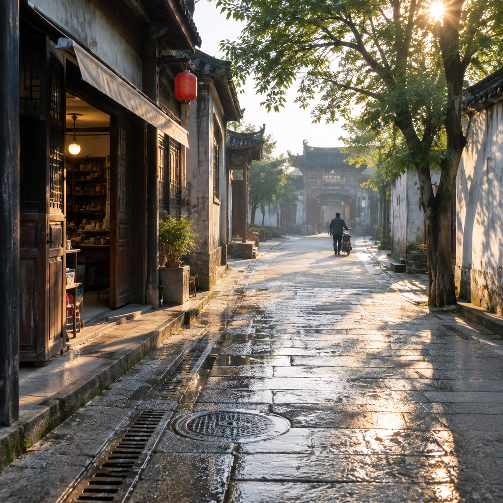 清晨从住处步行到家庙的湿石板街道