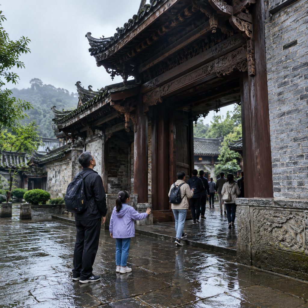 雨后的博物馆院门与石基
