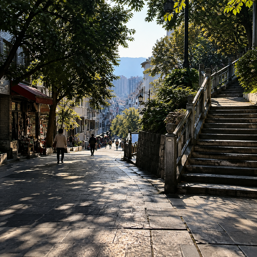 阳光与阴影交替的步行街道