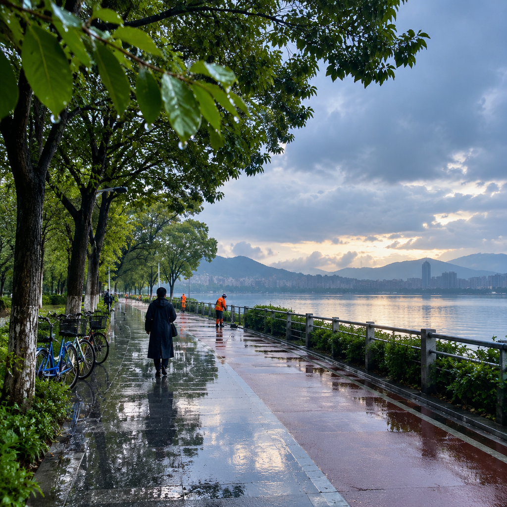 雨停后湖岸步道的水珠