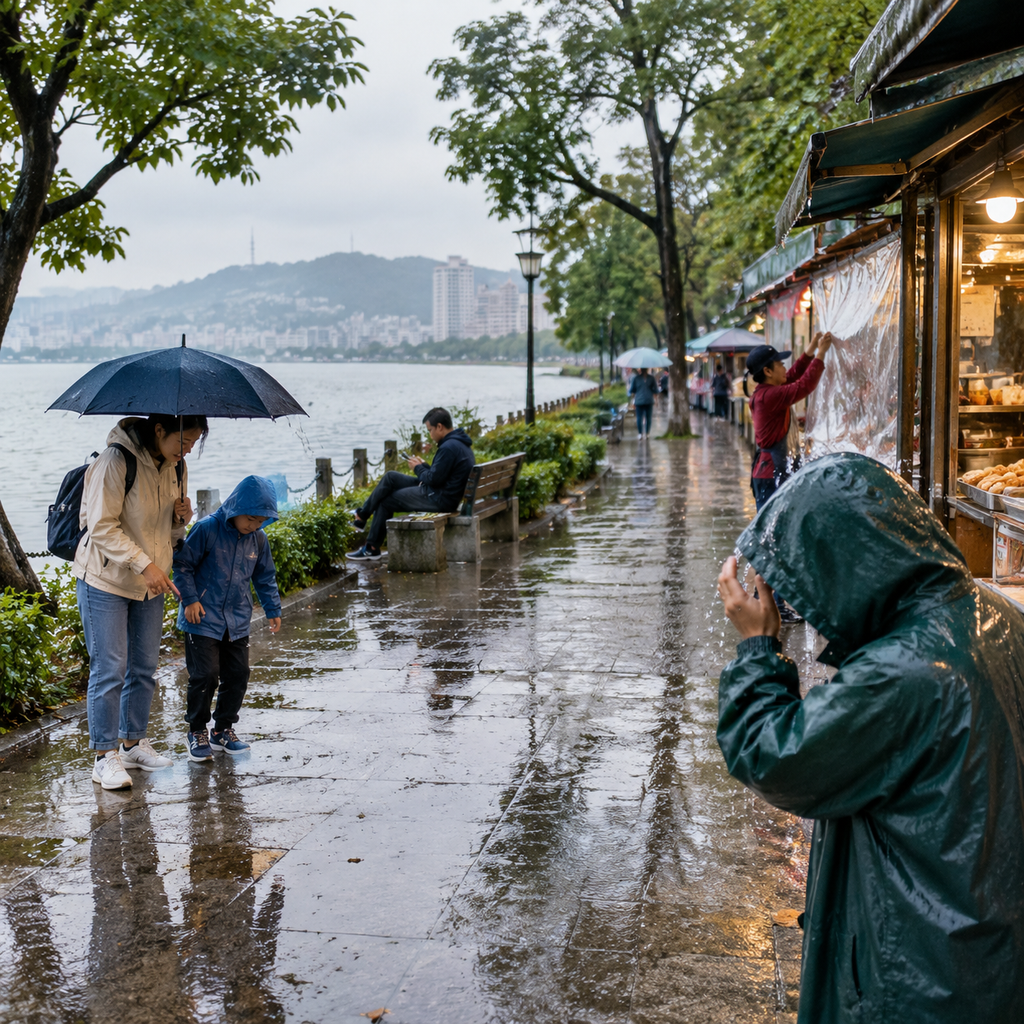湖边长椅上等雨停的人