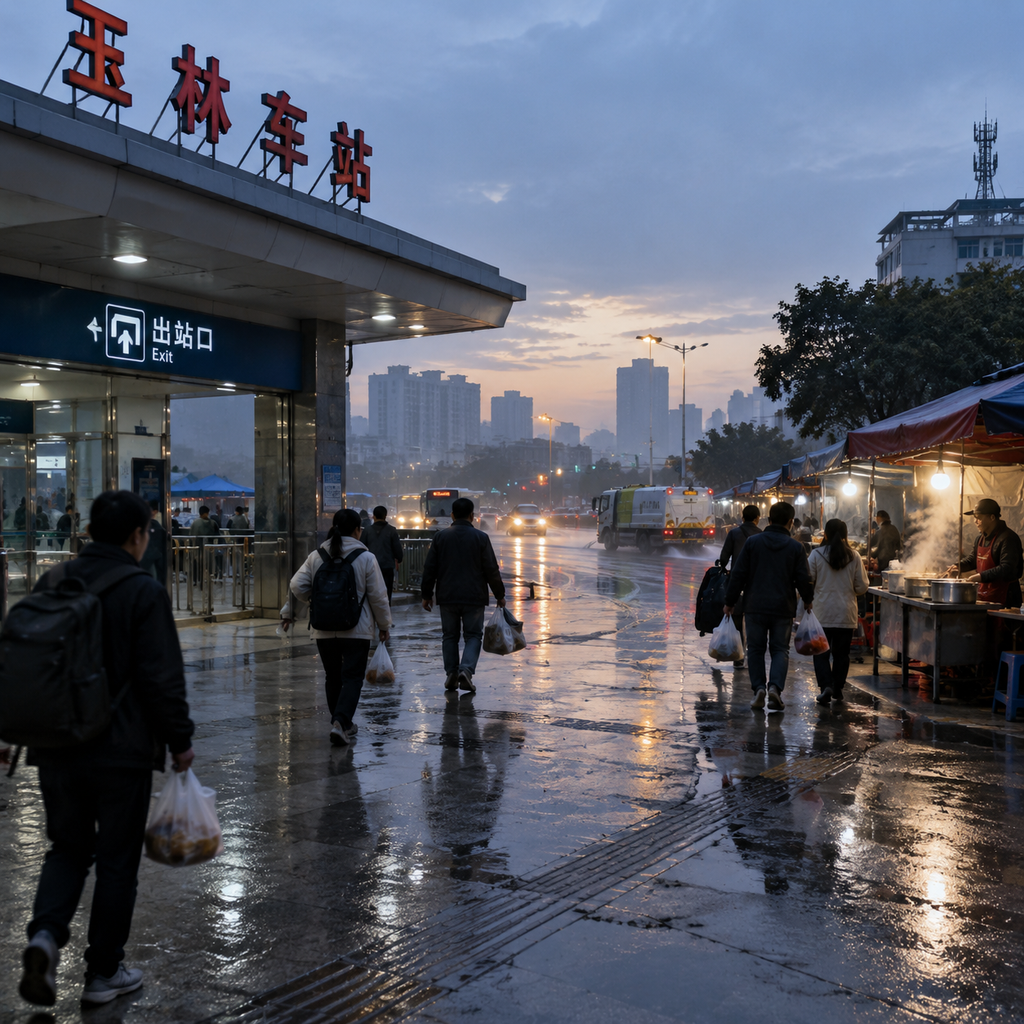 天没亮时的玉林车站与街口