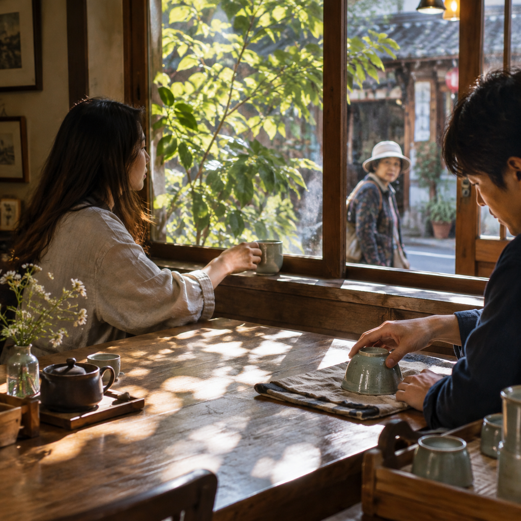 茶店里客人把杯子挪到窗边等光