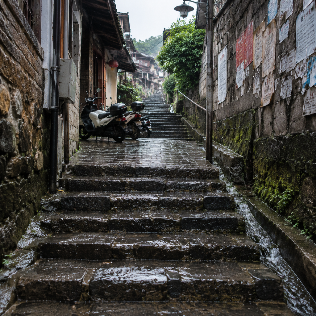 雨后老城坡道下仰视的湿台阶