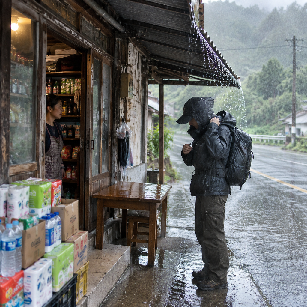 路边小店雨棚下躲雨