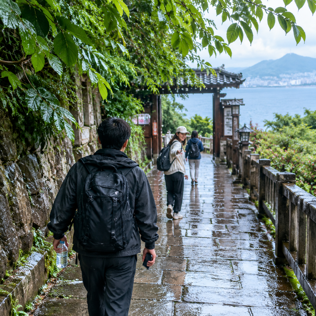 雨后热海景区入口的石板步道