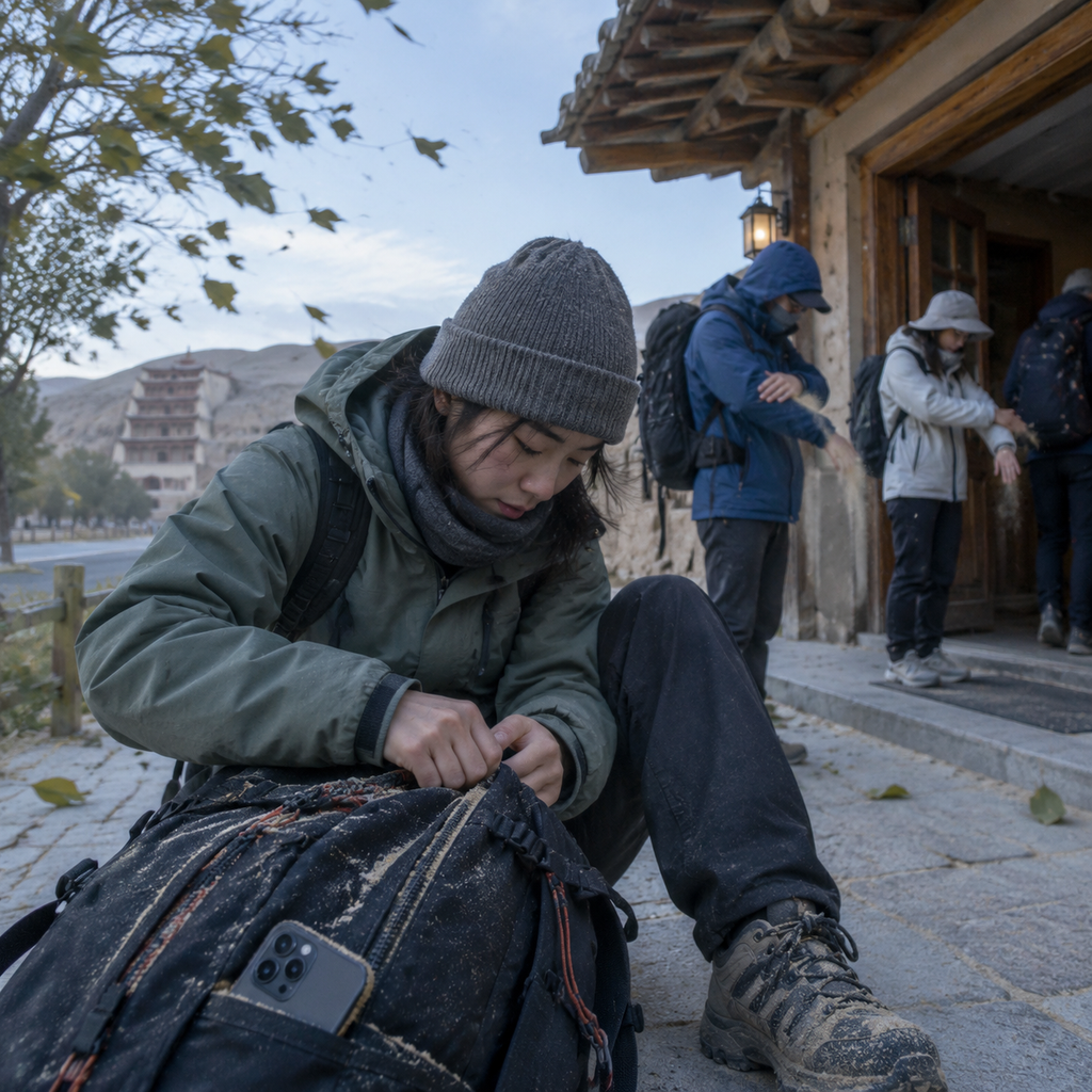 清晨敦煌住处门口细沙与背包