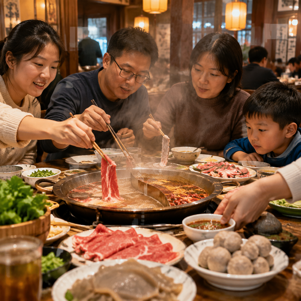 火锅桌边食客的手与次序