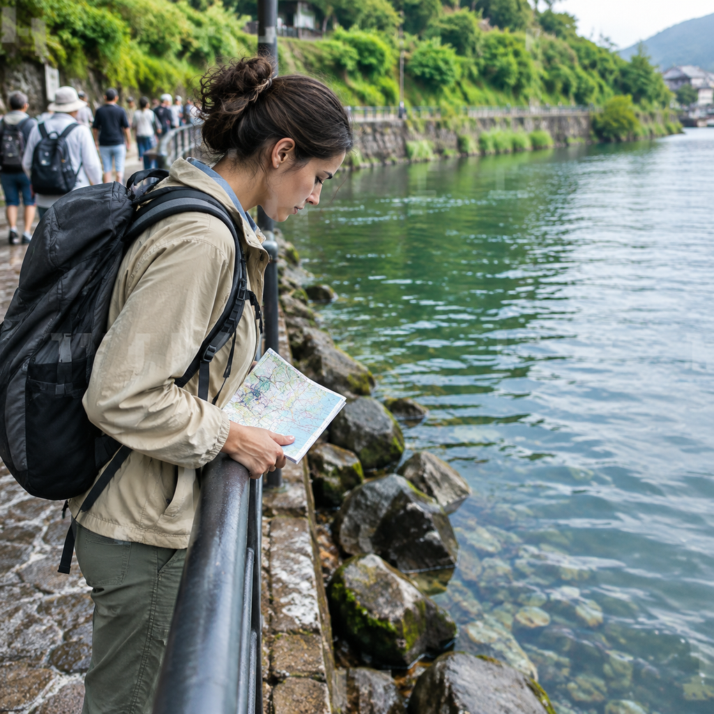 栏杆边观察水面纹理的旅行者