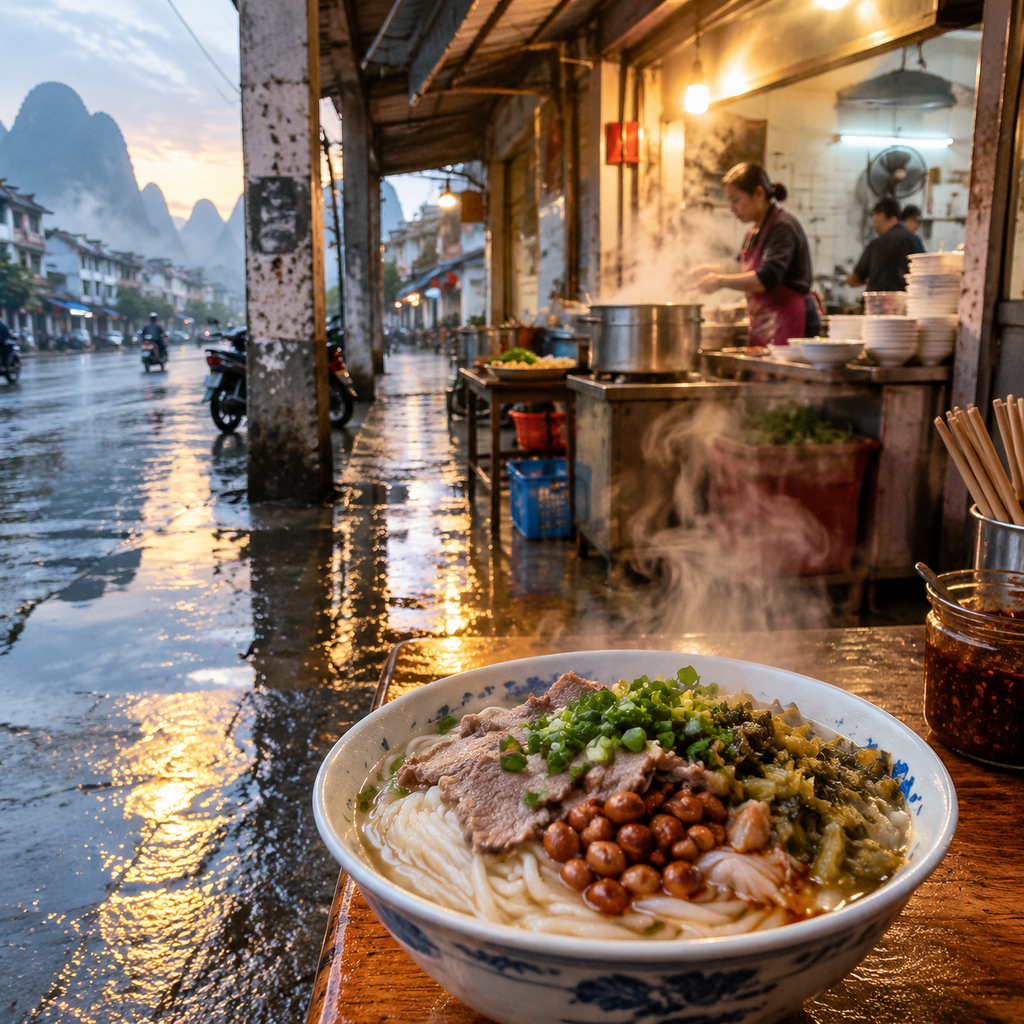 桂林米粉先拌还是先喝汤,我在一张小桌前改了吃法 | Mix First or Taste the Broth First? My Guilin Noodle Lesson