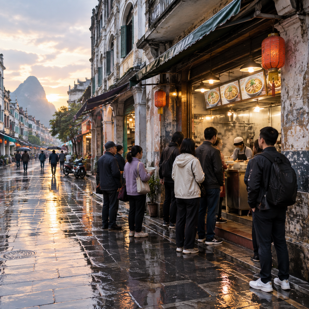 雨后清晨骑楼边排队买粉