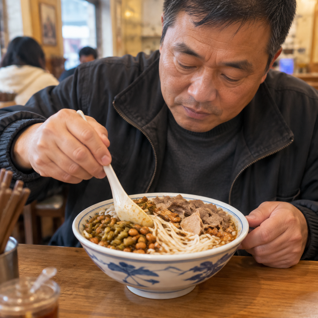 邻桌客人把粉从碗底翻上来