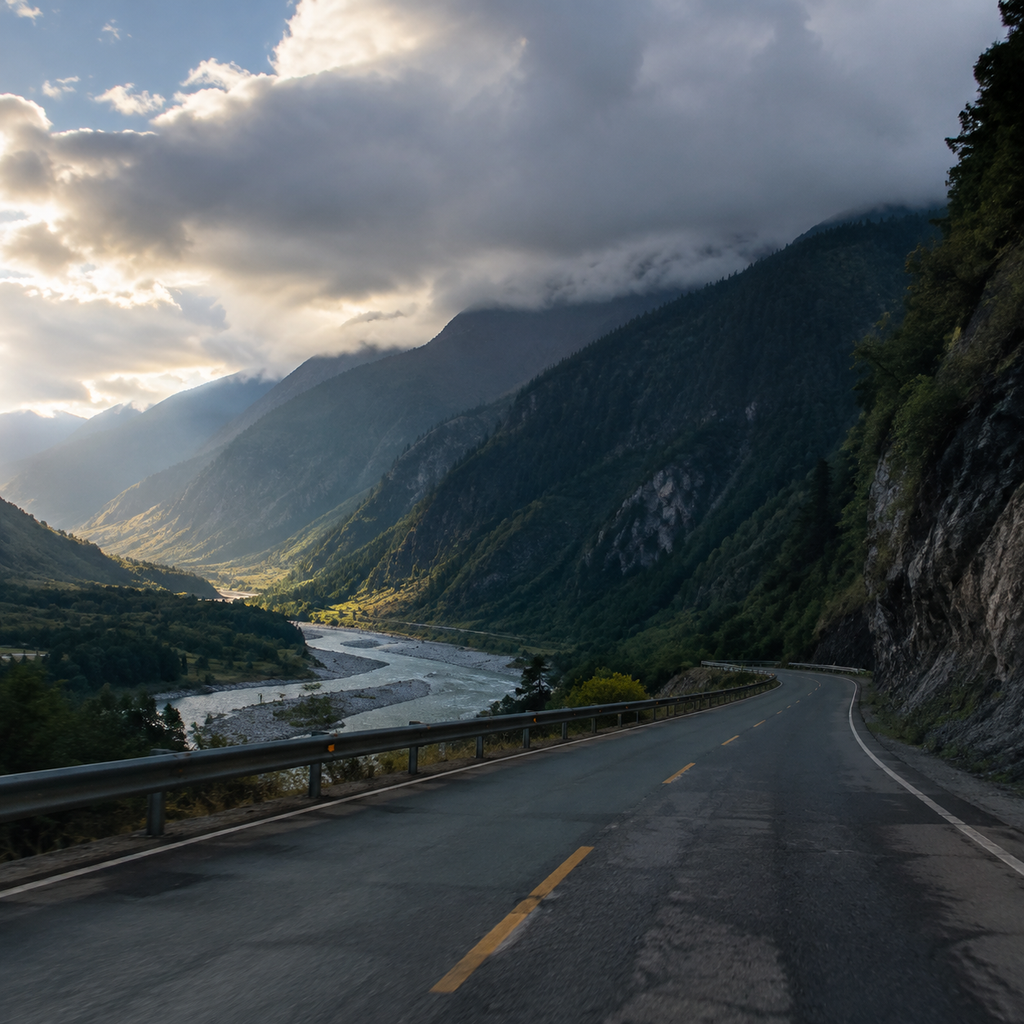 背阴坡光线骤暗的路段
