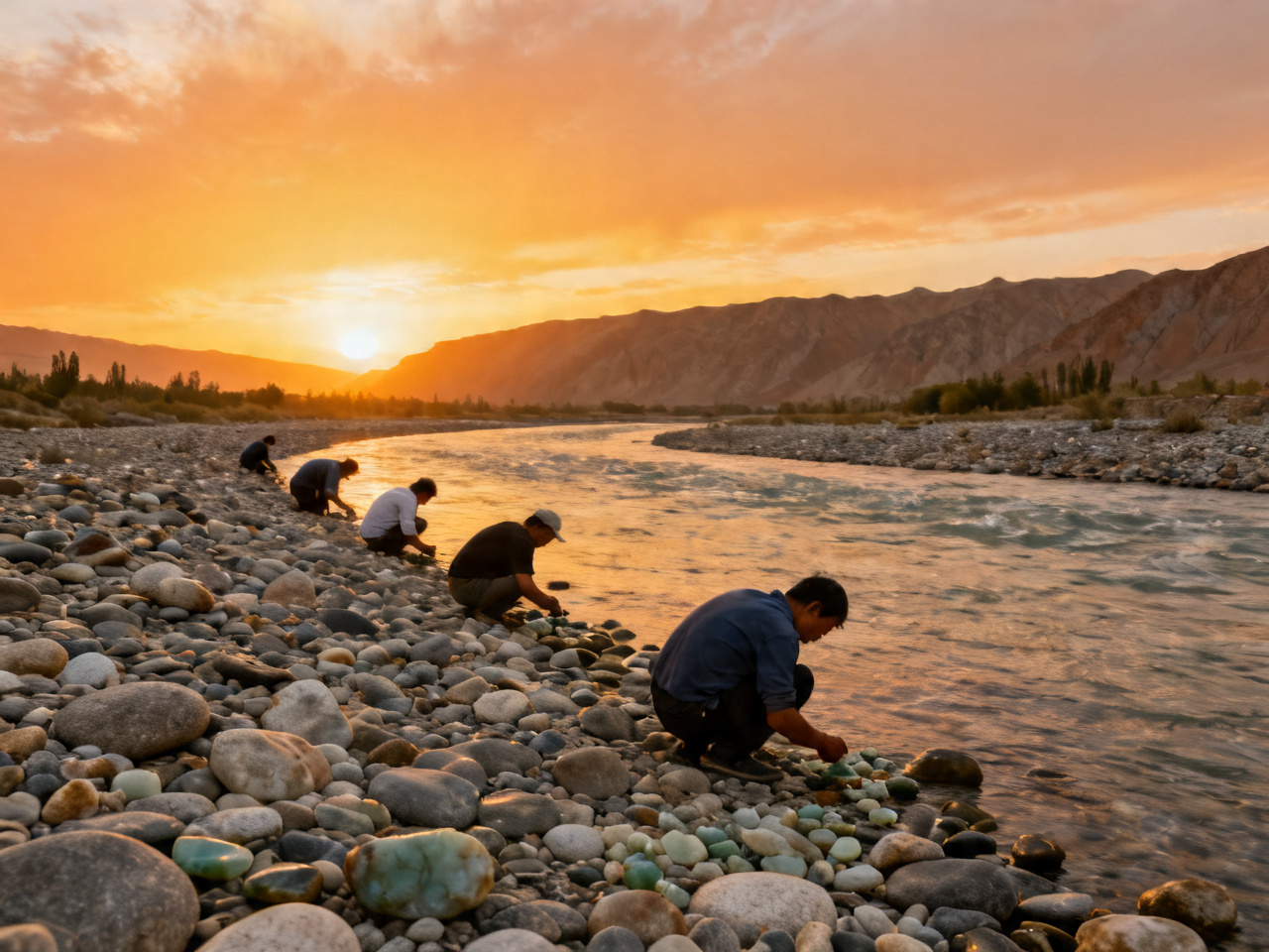 和田玉龙喀什河边捡玉的人群
