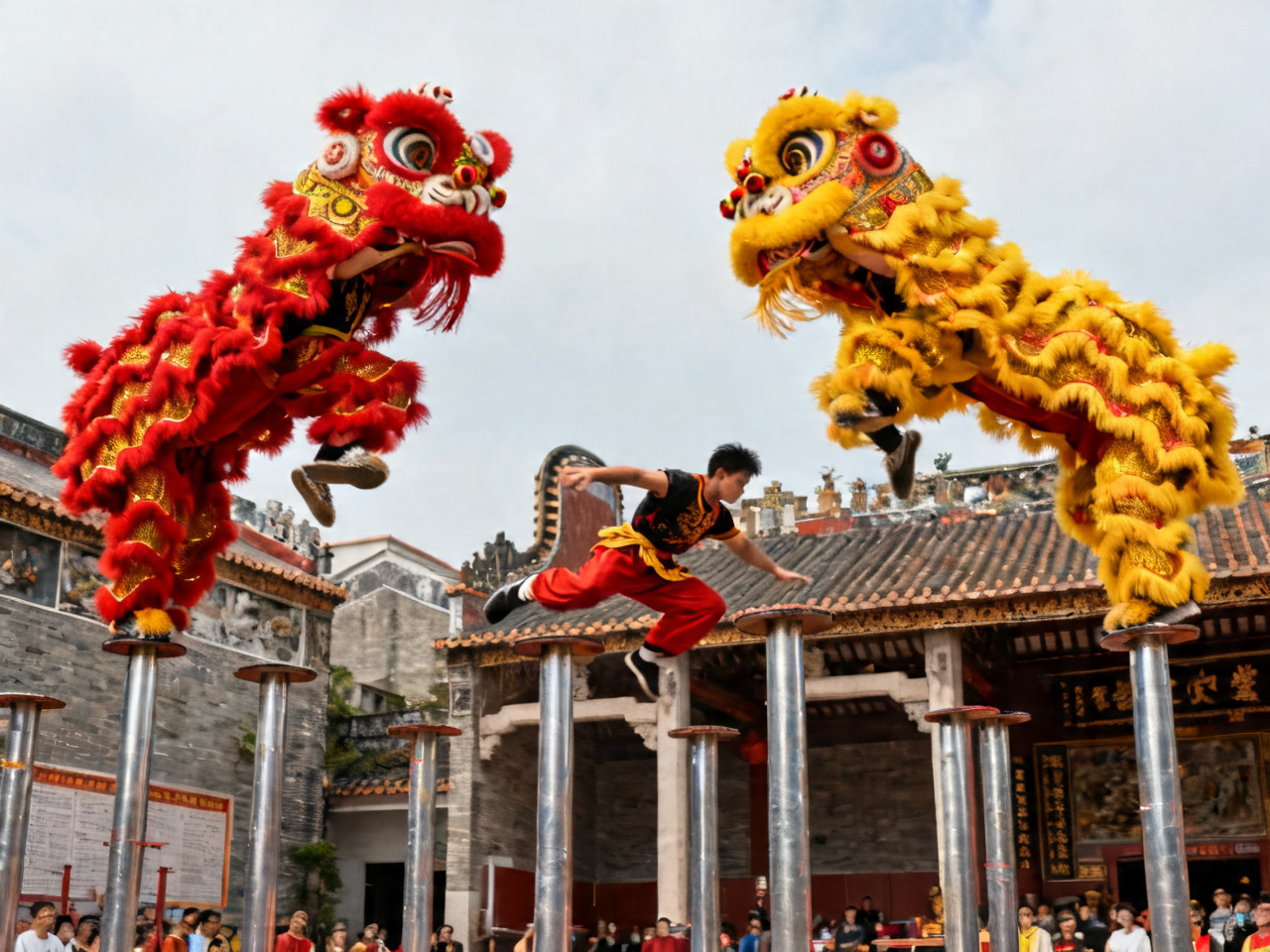佛山醒狮高桩表演 Foshan lion dance on high poles
