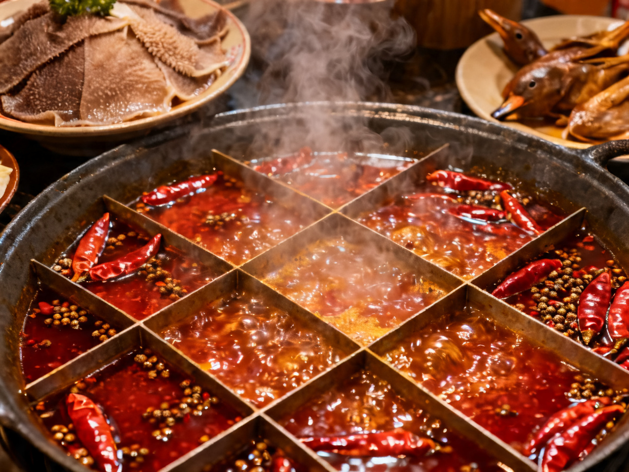 重庆九宫格火锅，红油翻滚 Chongqing nine-grid hotpot with churning red oil