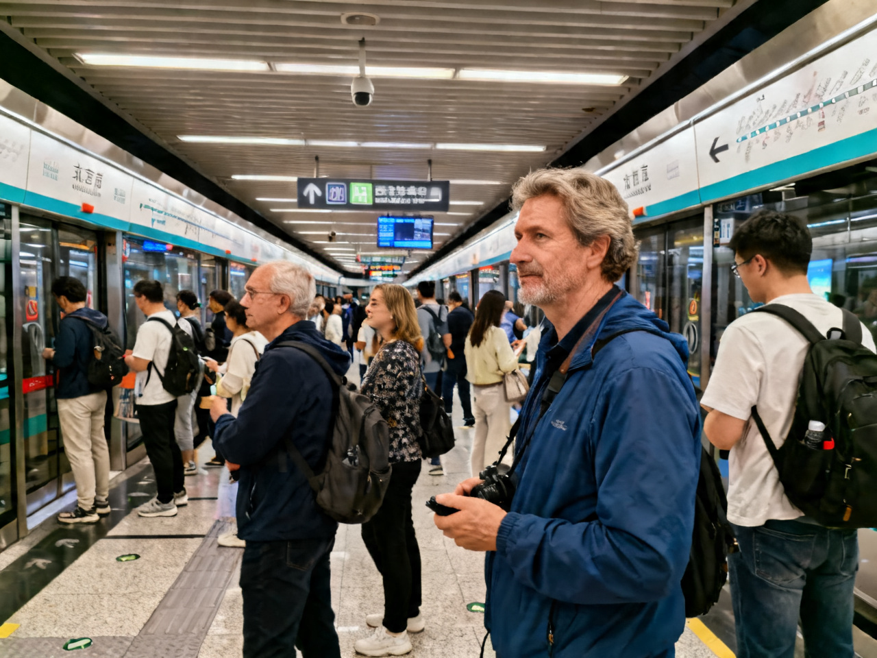 北京地铁站，外国游客轻松乘车 Beijing metro, foreign tourists riding comfortably