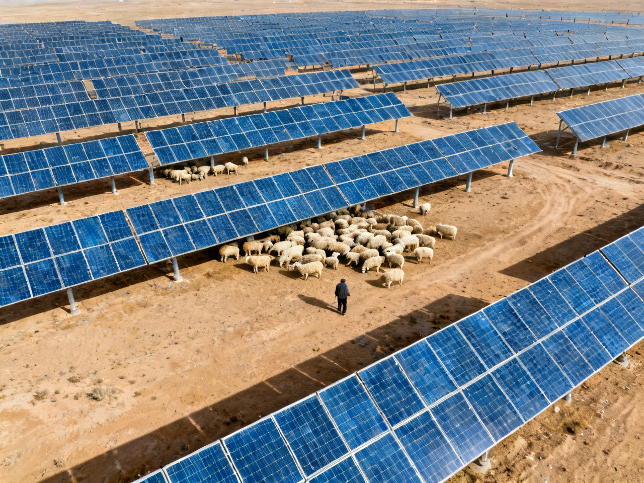 青海塔拉滩光伏产业园全景，蓝色光伏板铺满戈壁