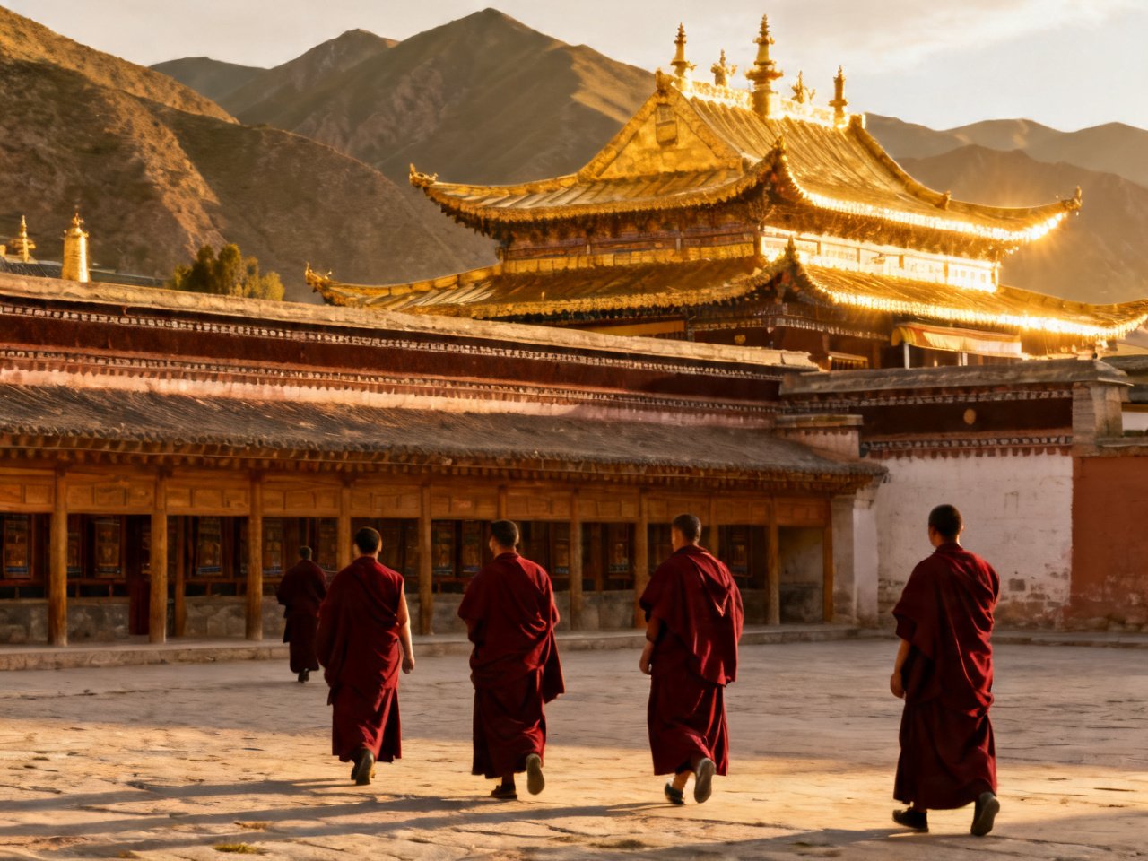 扎尕那石城全景，晨雾中的藏寨与石灰岩峭壁 Panoramic view of Zhagana stone fortress in morning mist
