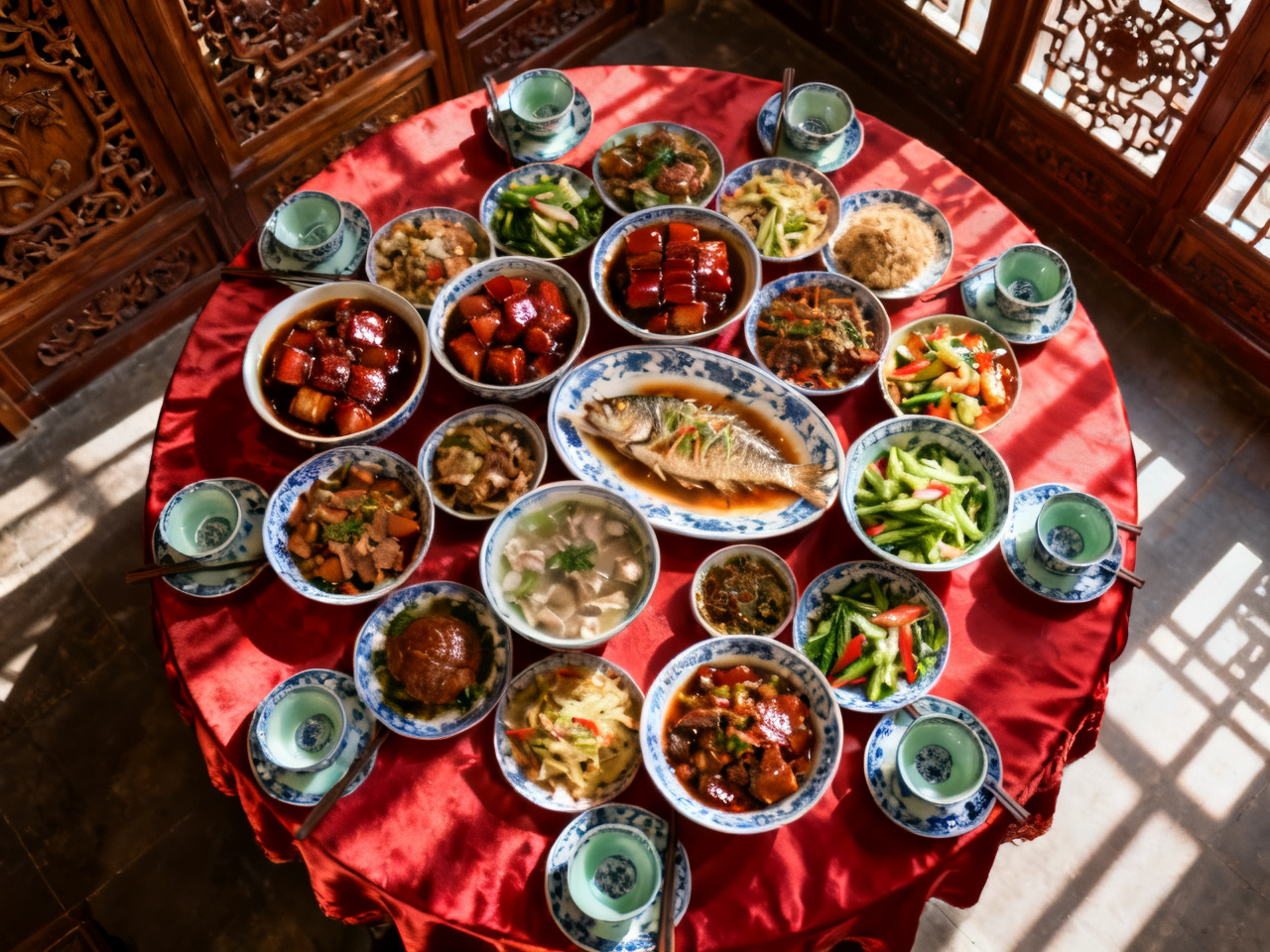 中国传统圆桌宴席，满桌菜肴 Traditional Chinese round table banquet with full spread of dishes
