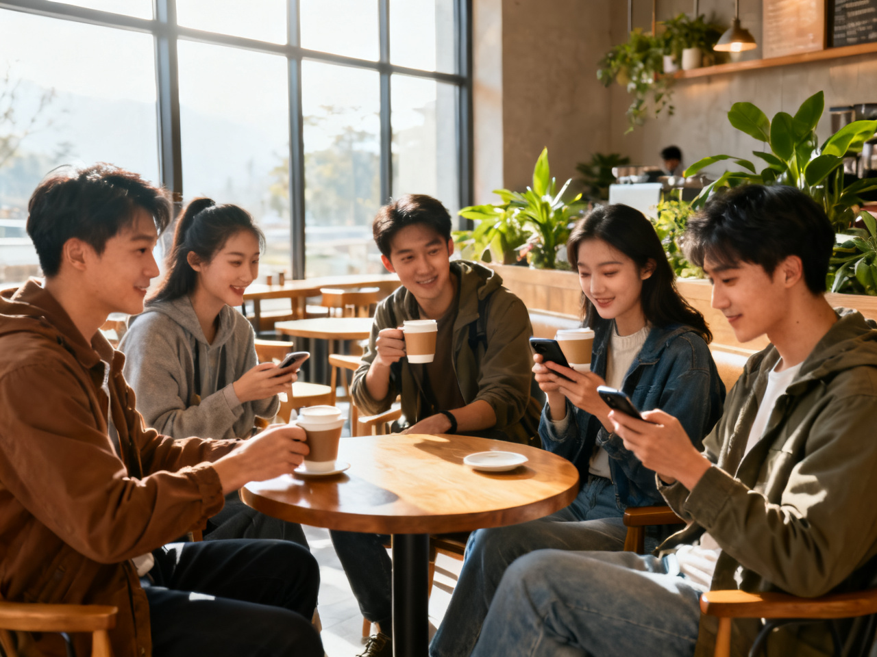 现代中国年轻人在咖啡馆社交 Young Chinese socializing in a modern café