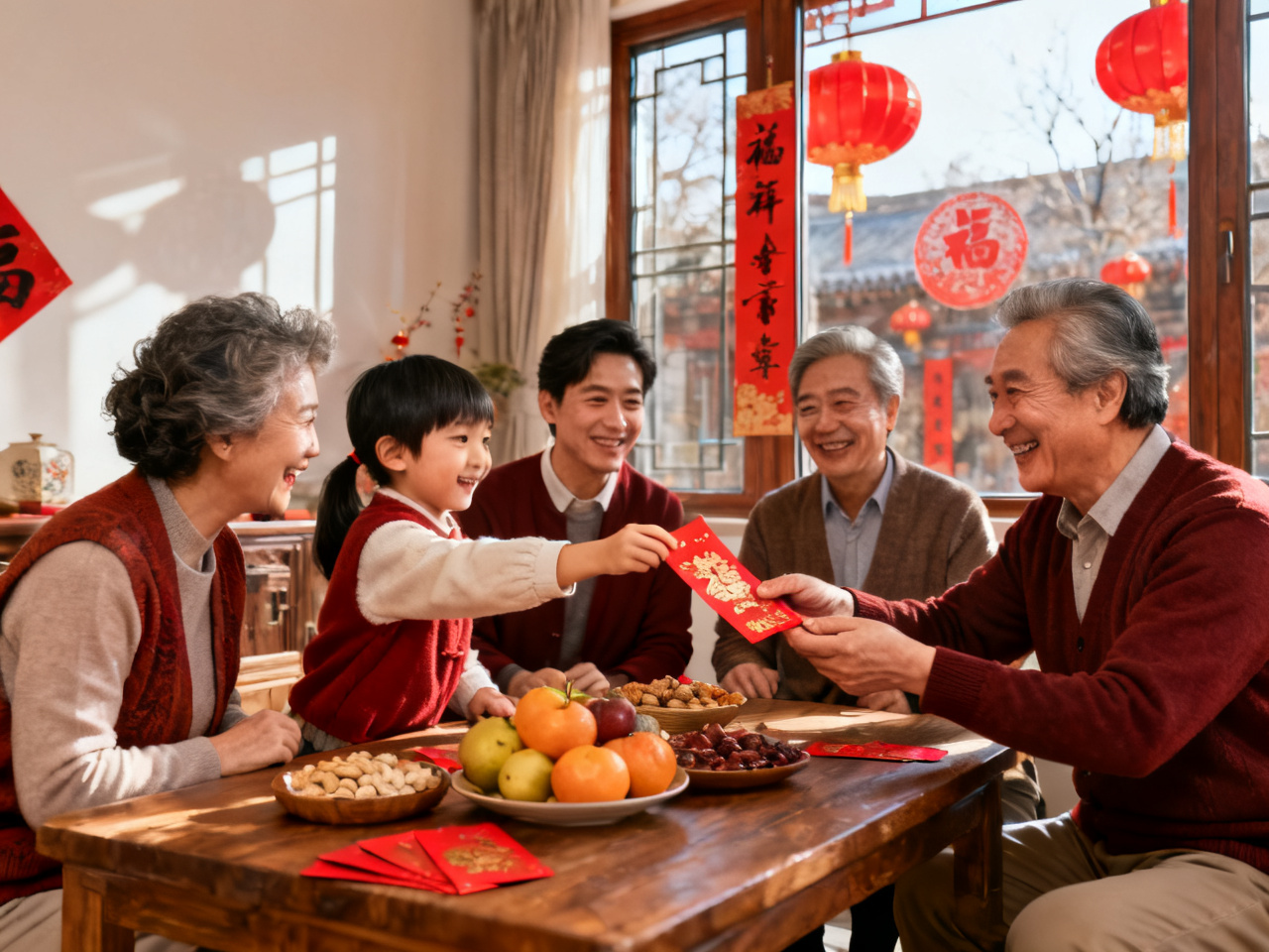 春节家庭团聚，长辈给孩子发红包 Family reunion during Spring Festival, elders giving red envelopes to children