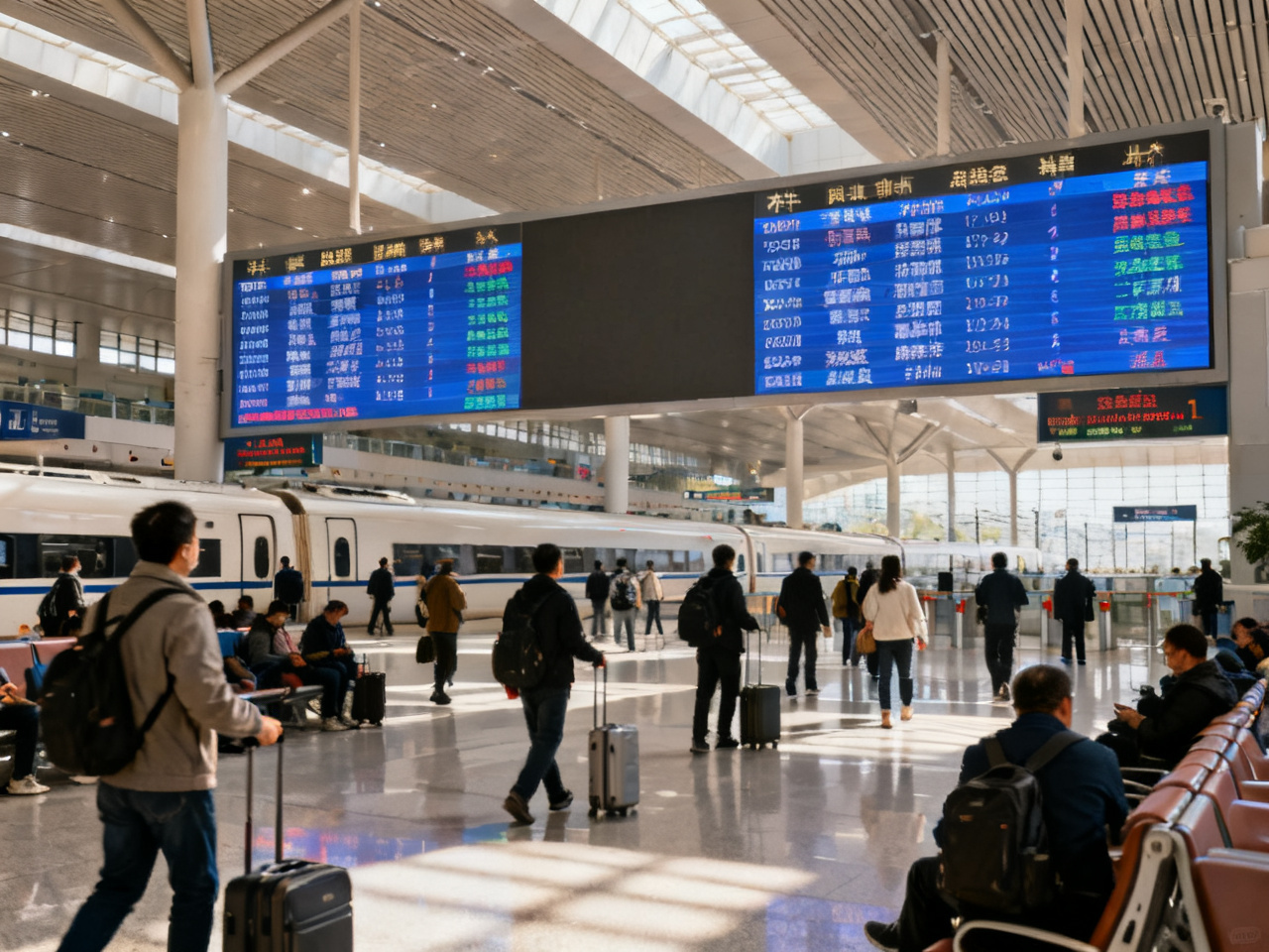 中国高铁车站候车大厅，旅客和电子显示屏 Chinese high-speed rail station waiting hall with electronic departure boards
