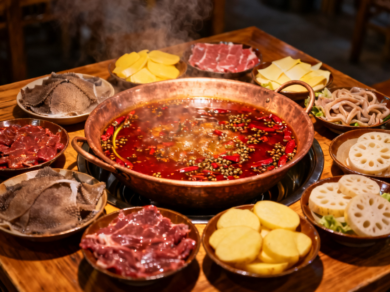 重庆火锅红汤锅底，各种食材围绕 Chongqing hot pot with red broth and various ingredients arranged around the pot