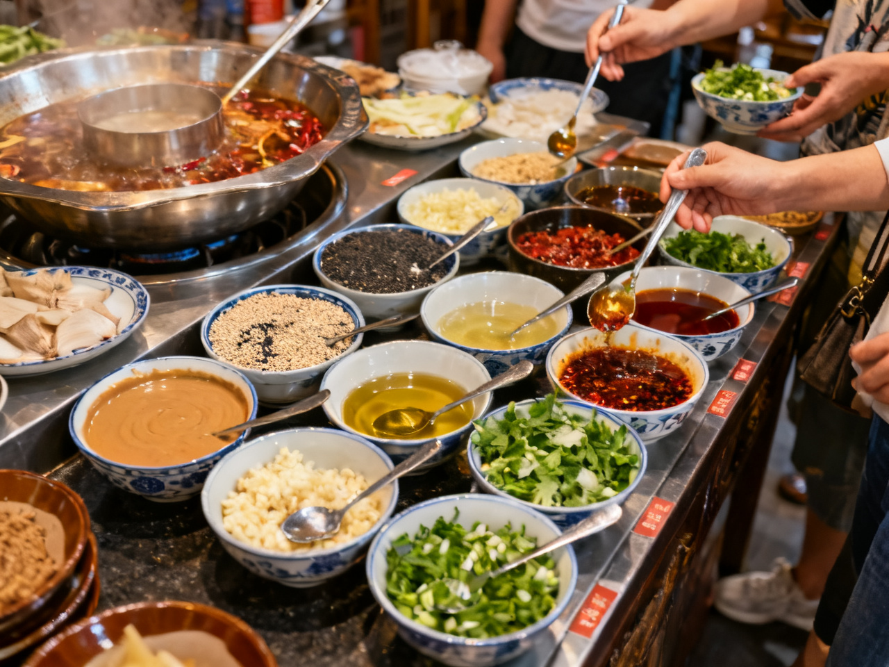 火锅蘸料台，各种调料自助取用 Hot pot condiment station with various sauces for self-service