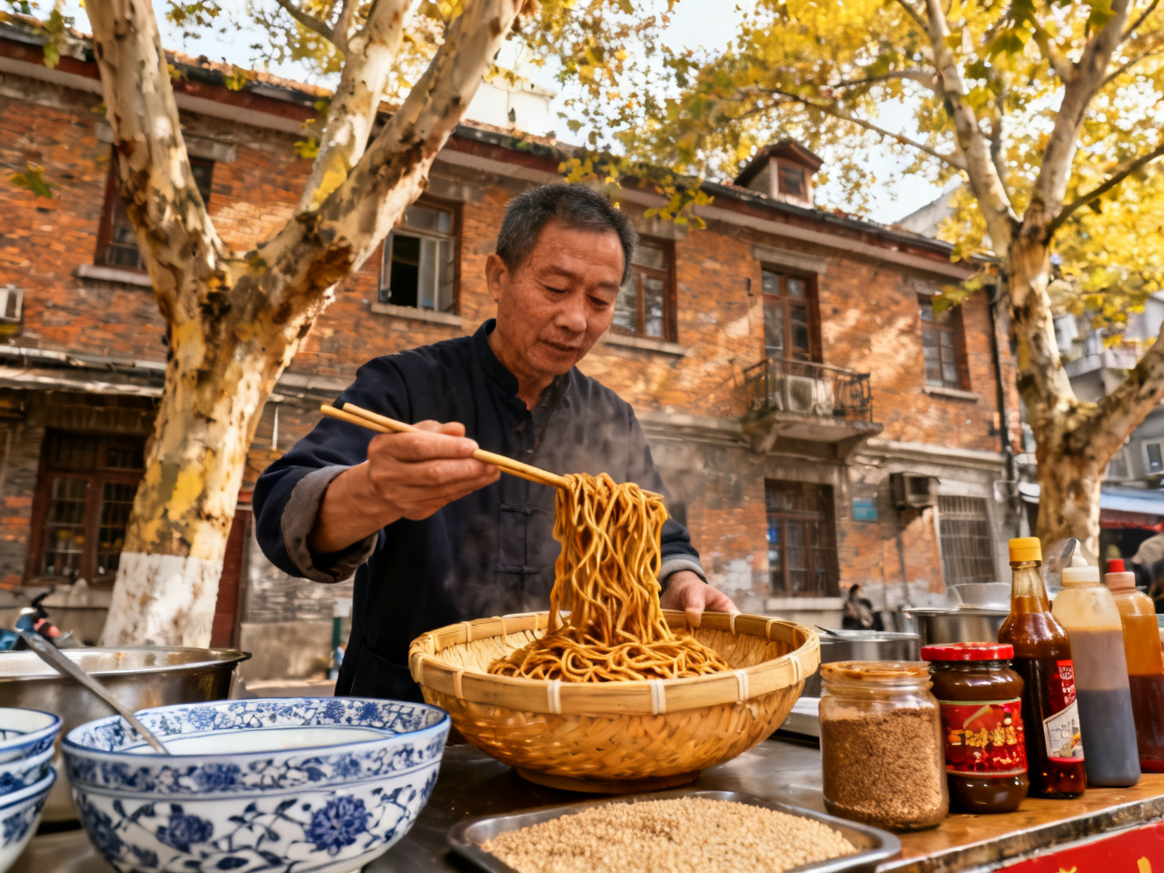 武汉街头热干面摊位，老板在拌面 Wuhan street vendor mixing hot dry noodles