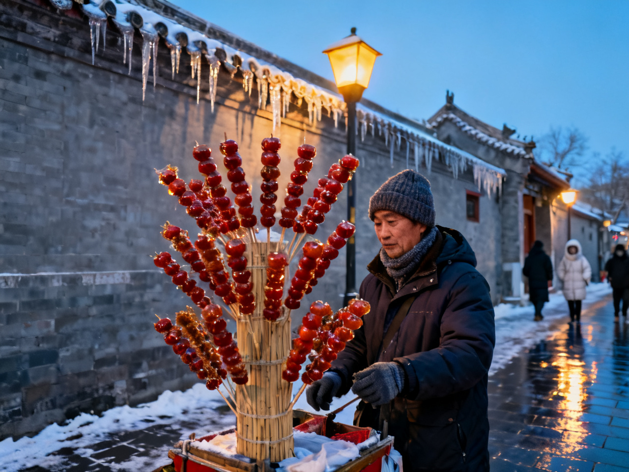北京街头糖葫芦小贩，冬日背景 Beijing street vendor selling candied hawthorn in winter