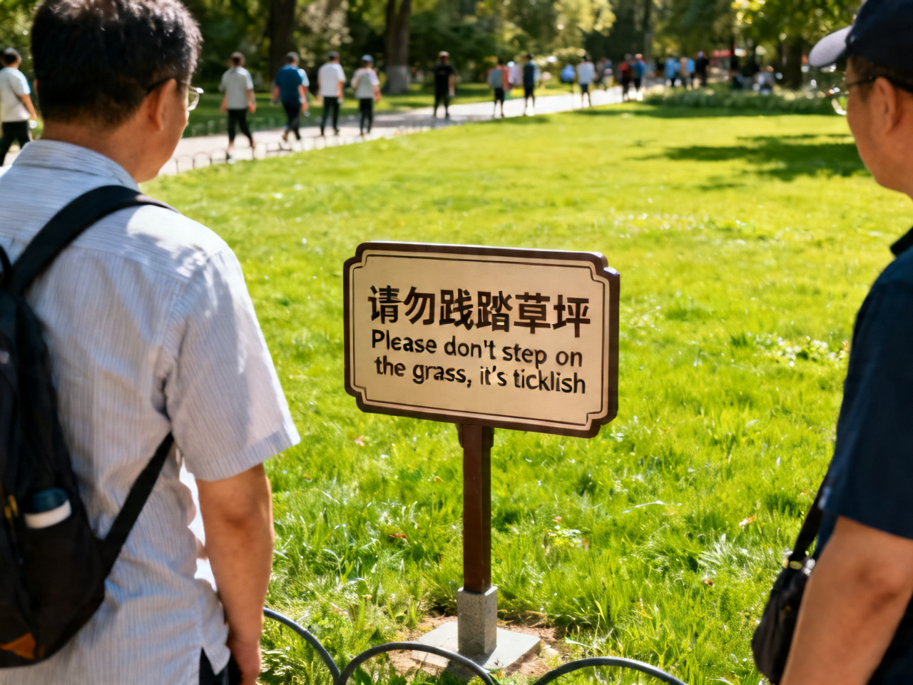 中国公园里的中英文双语告示牌 A bilingual sign in a Chinese park