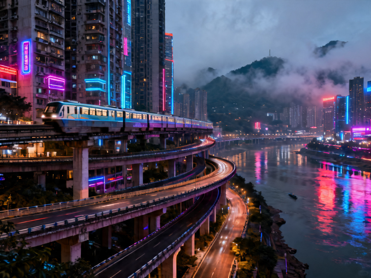 重庆多层立体交通夜景 Chongqing multi-layered traffic at night