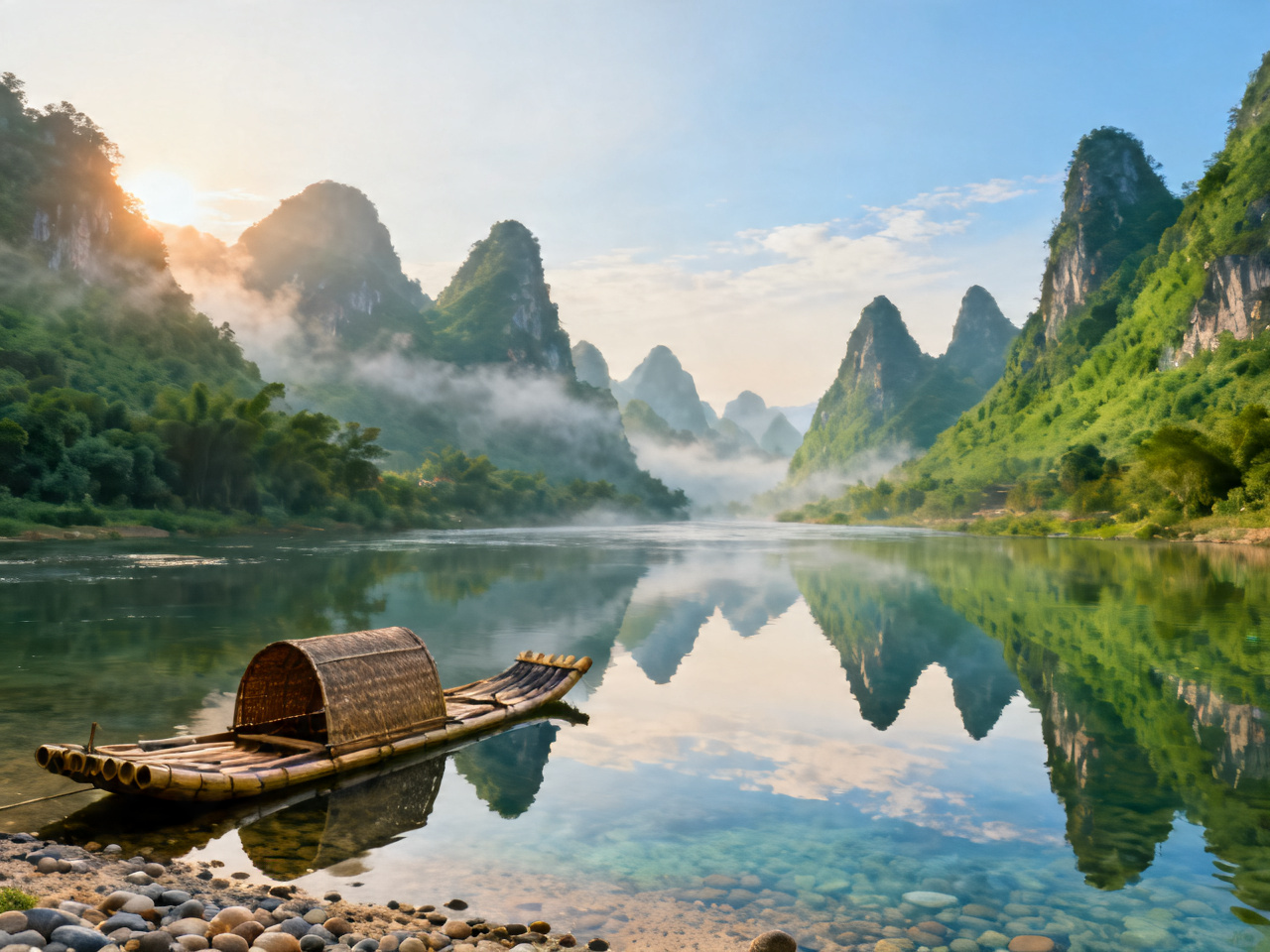 桂林漓江喀斯特峰林与竹筏 Guilin Li River karst peaks with bamboo raft